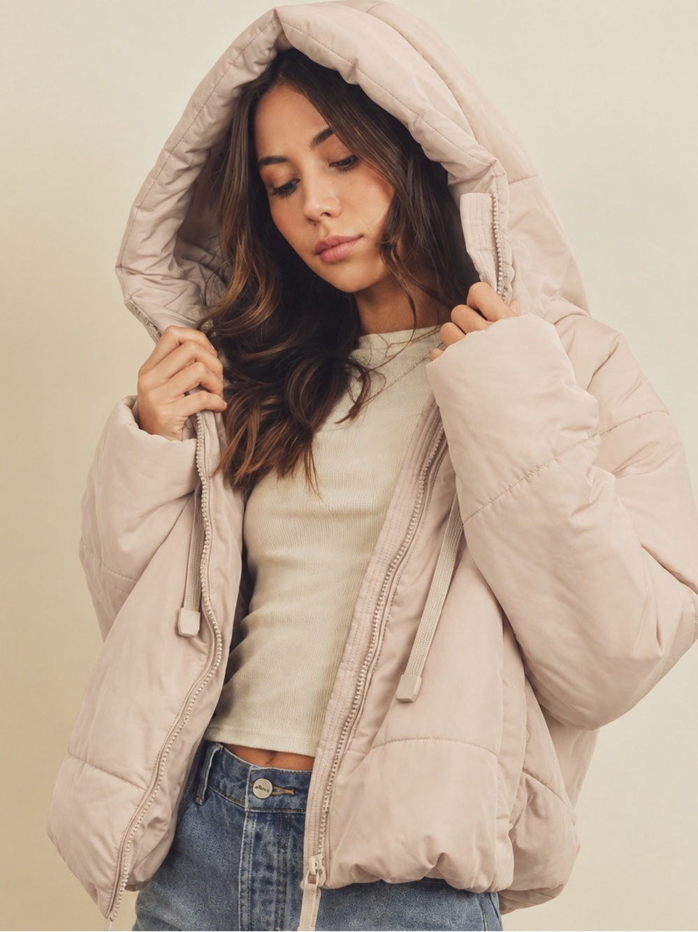 Dress Forum Short Length Oversized Hood Puffer Jacket in Nude